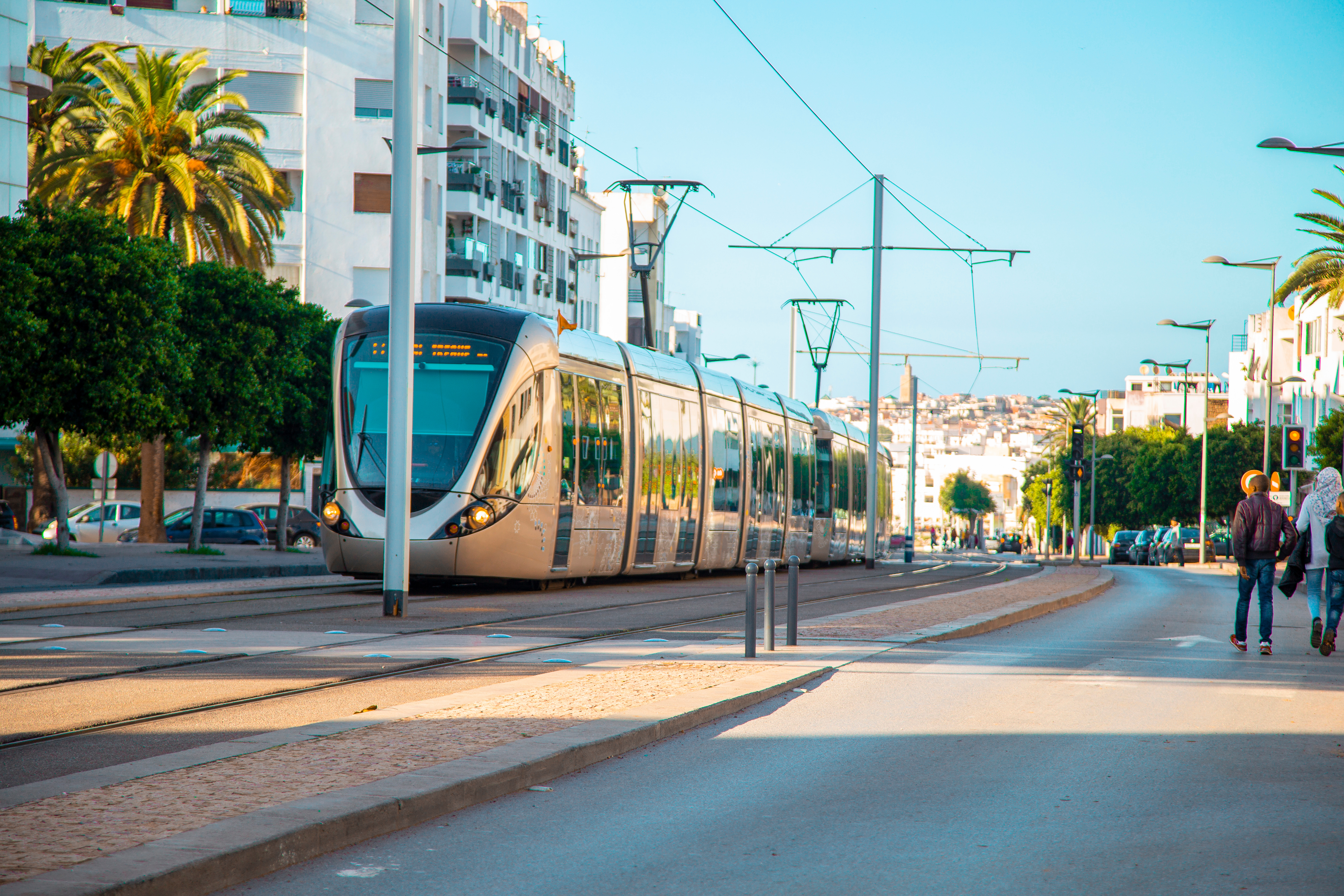 Modern French built tram in the centre of Rabat. The Rabat-Sale tramway system consists of 2 lines.jpeg